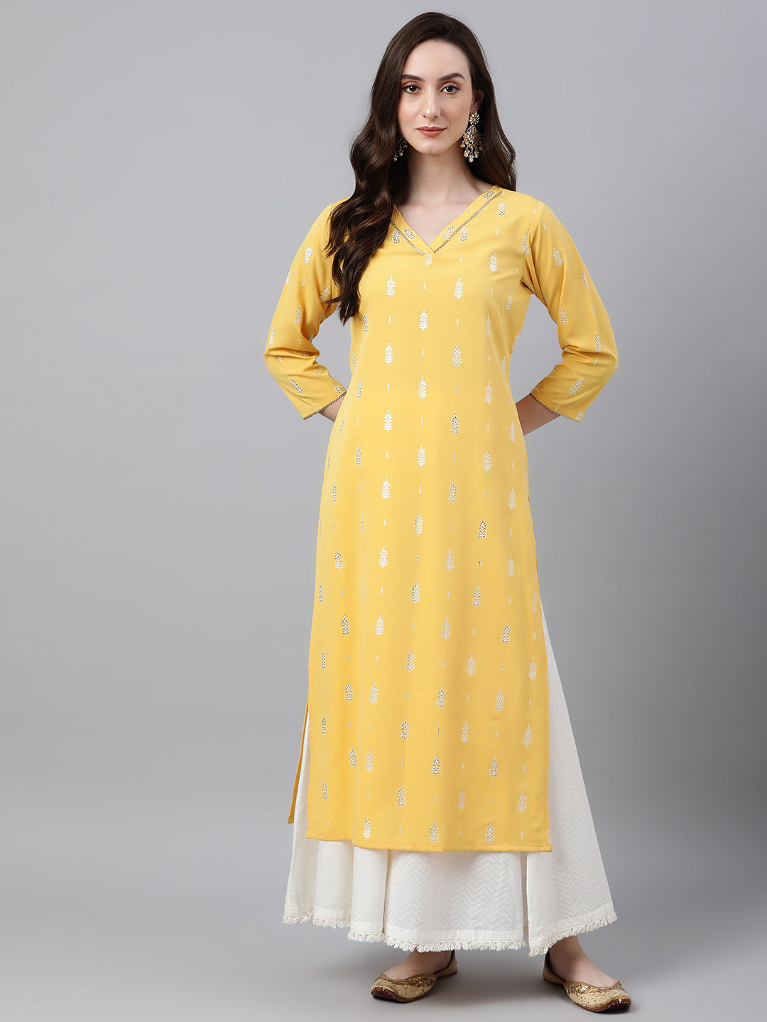 Janasya Women's Mustard Crepe Foil Print Casual Straight Kurta
