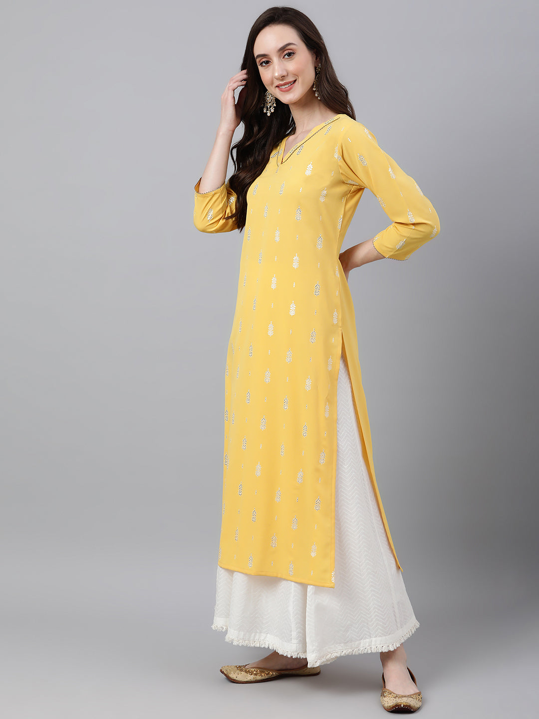 Janasya Women's Mustard Crepe Foil Print Casual Straight Kurta