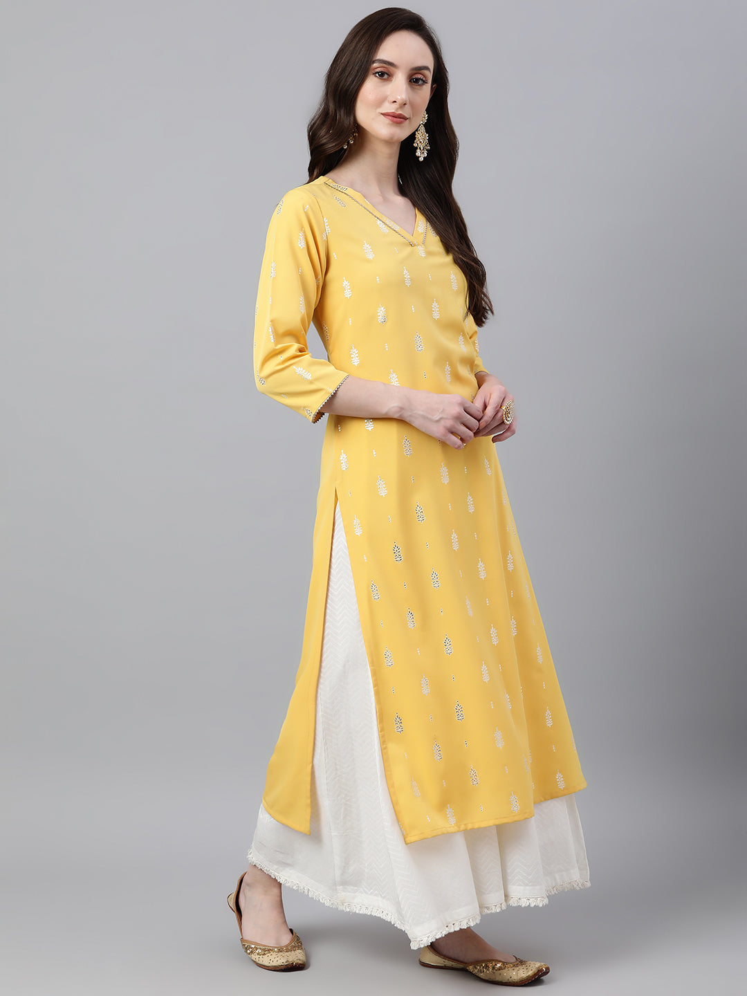Janasya Women's Mustard Crepe Foil Print Casual Straight Kurta
