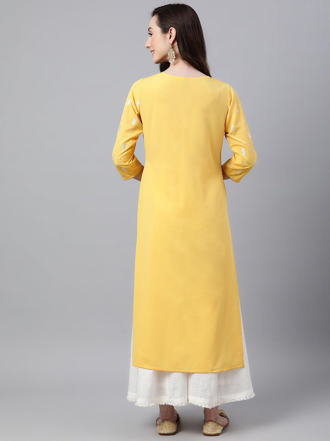 Janasya Women's Mustard Crepe Foil Print Casual Straight Kurta
