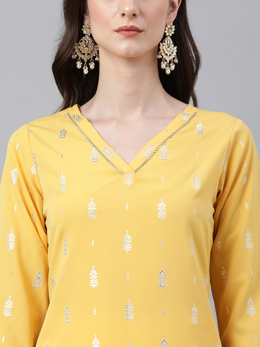Janasya Women's Mustard Crepe Foil Print Casual Straight Kurta