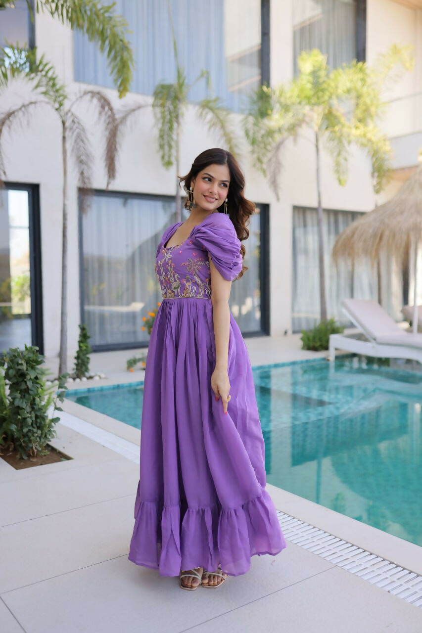 Teeya Creation Womens New Fancy Mul Chanderi With Embroidered Work Gown Set