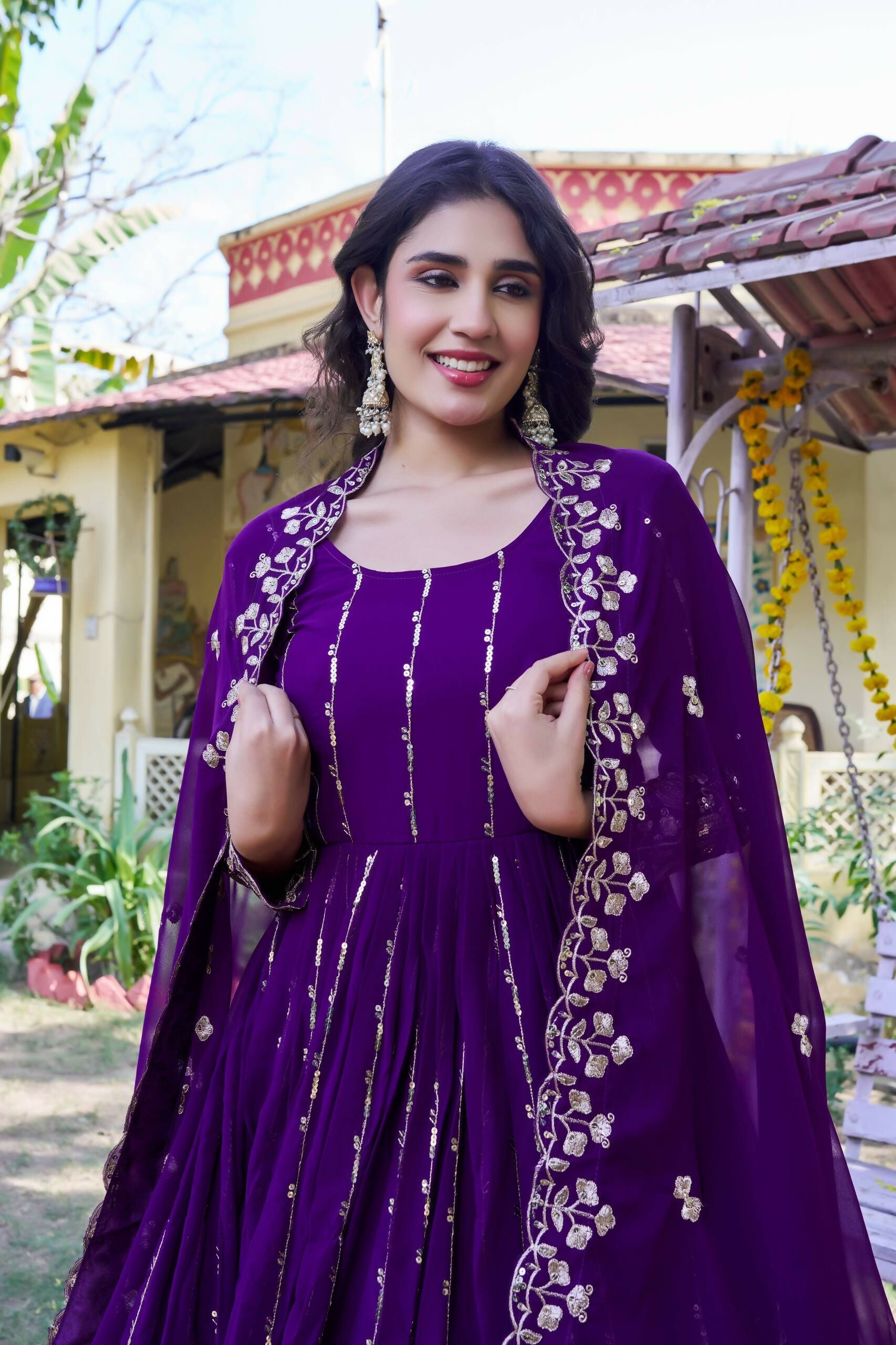 Teeya Creation Womens Casual Party Wear Heavy 5mm Sequence Embroidery Work Purple Gown Set