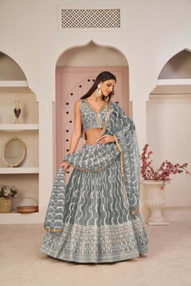 Aastha Fashion Gray Butterfly Net White Cotton Thread Work, Zari Work And Sandwich Sequence Work Embroidery Wedding Wear Lehenga Choli