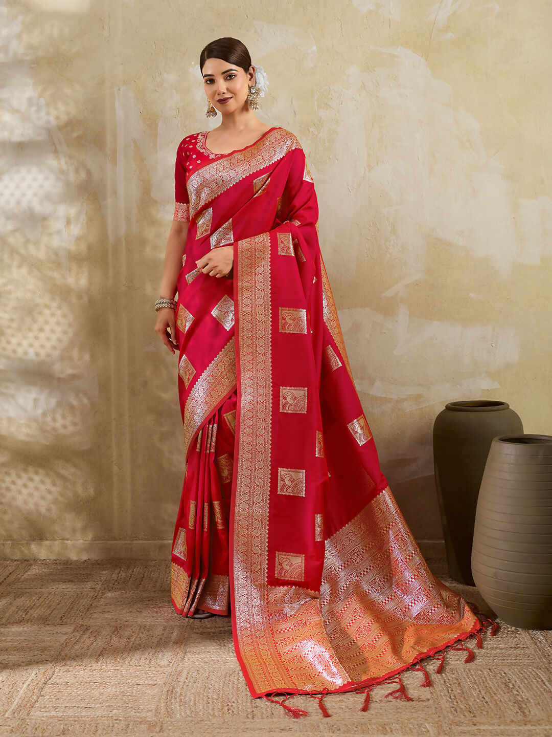Shree Shyam Fashion Red Silk Blend Saree