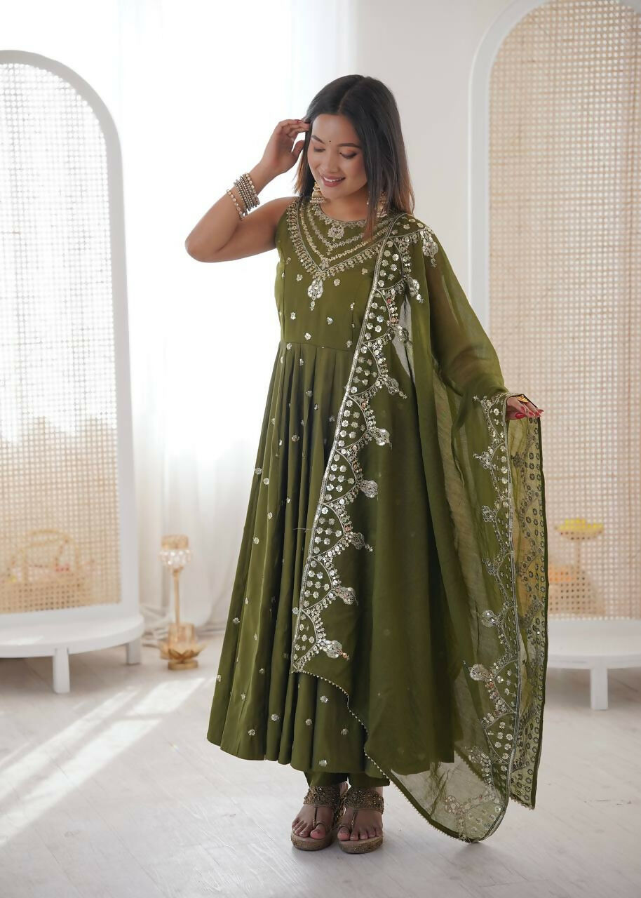 Teeya Creation Green Color Roman Silk Embroidery Work Party Wear Gown