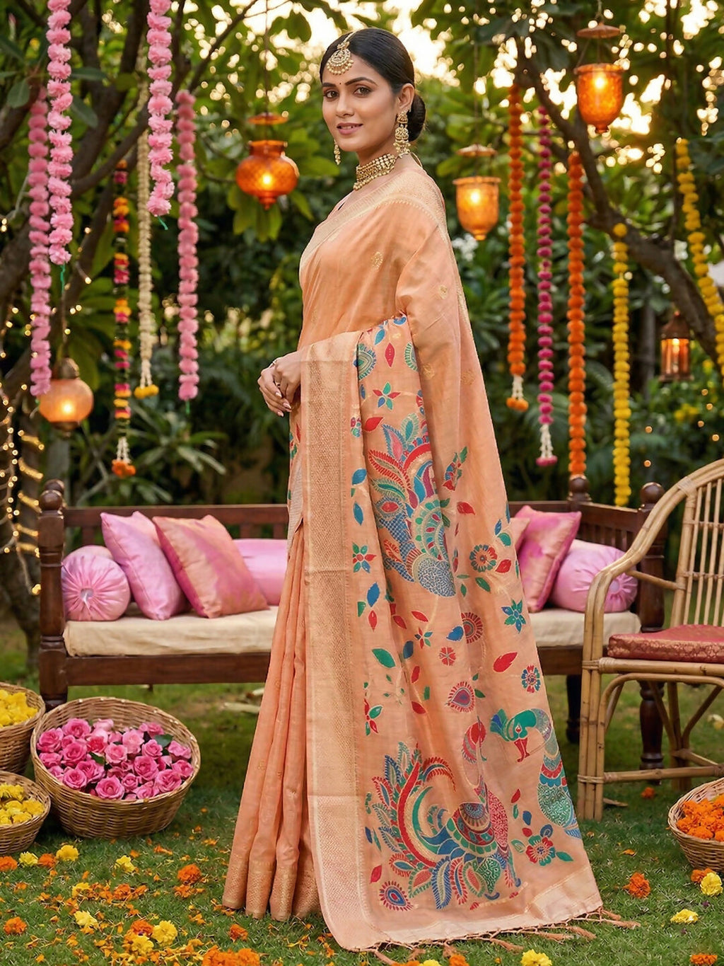 Shree Shyam Fashion Peach Linen Cotton Saree