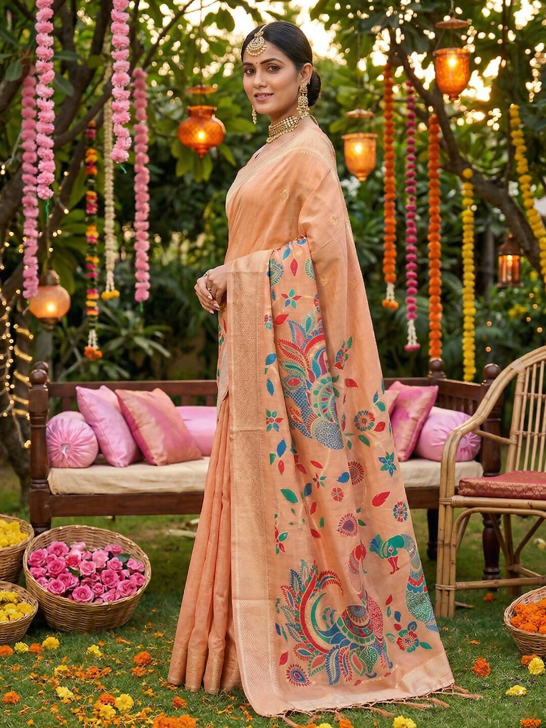 Shree Shyam Fashion Peach Linen Cotton Saree