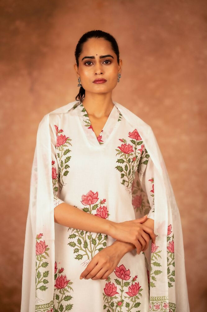 Joban Fashion Off White Red Hand Block Printed Cotton Suit Set