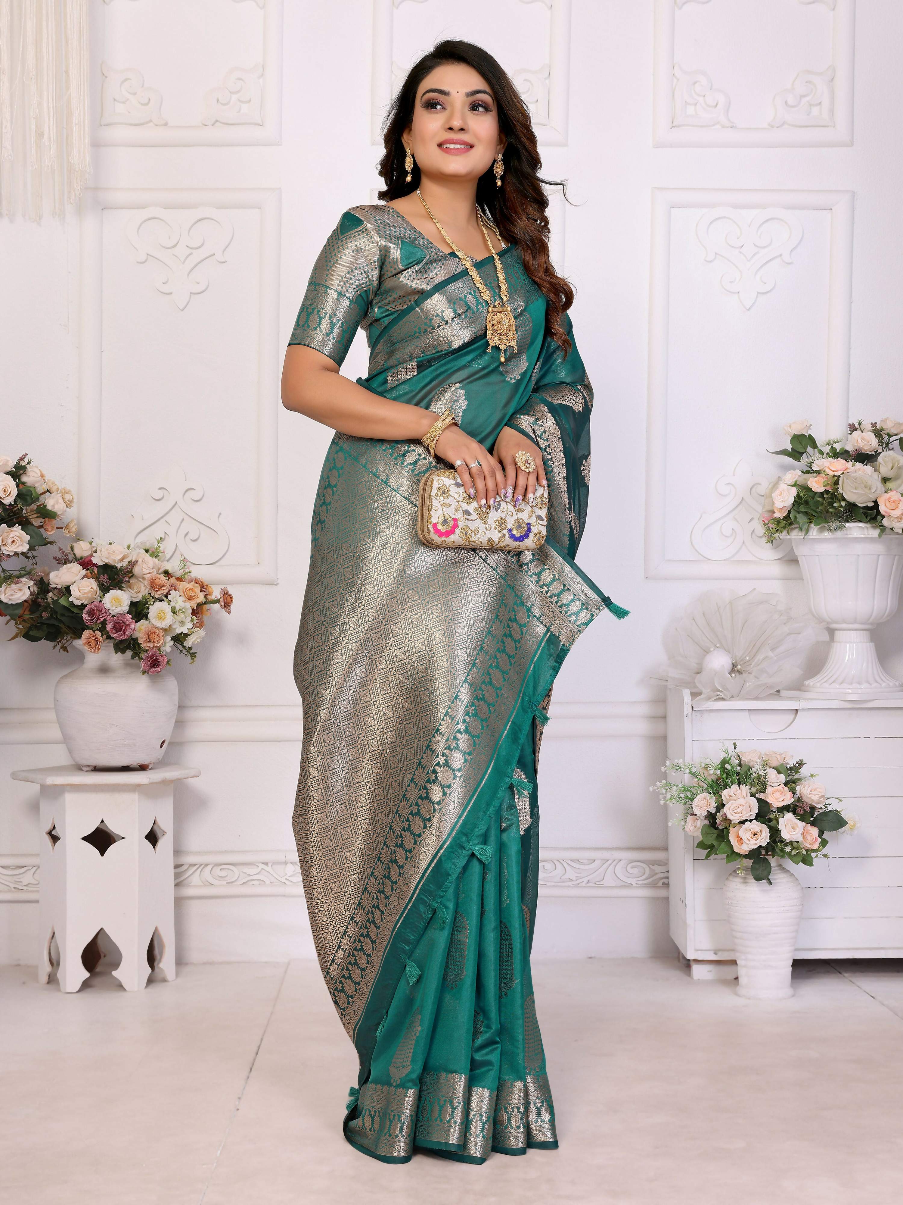Aastha Fashion Light Green Soft Organza Silk Weaving Saree