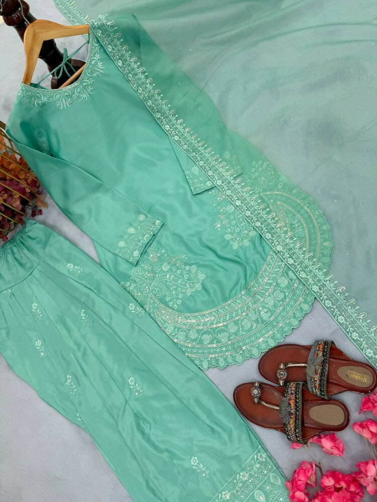 Teeya Creation Turquoise Color Natural Creap Silk Designer Fancy Party Wear Salwar Suit