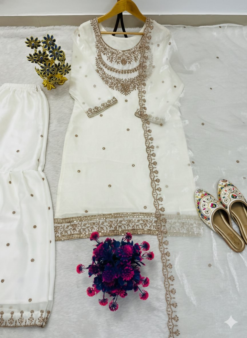 Teeya Creation Cream Color Fendy Satin Silk Heavy Embroidery Work Sharara Suit