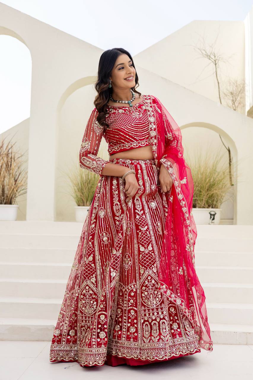 Lehenga Mart Net Lehenga With Cording Embroidery Work-Pink