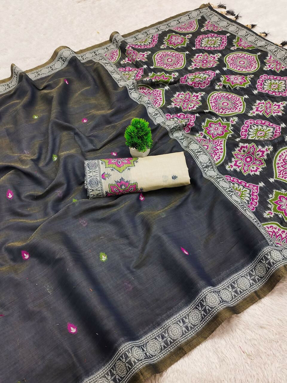 Vastranavya Black Muga Cotton Meenakari & Azarakh Pallu Saree with Contrast Blouse