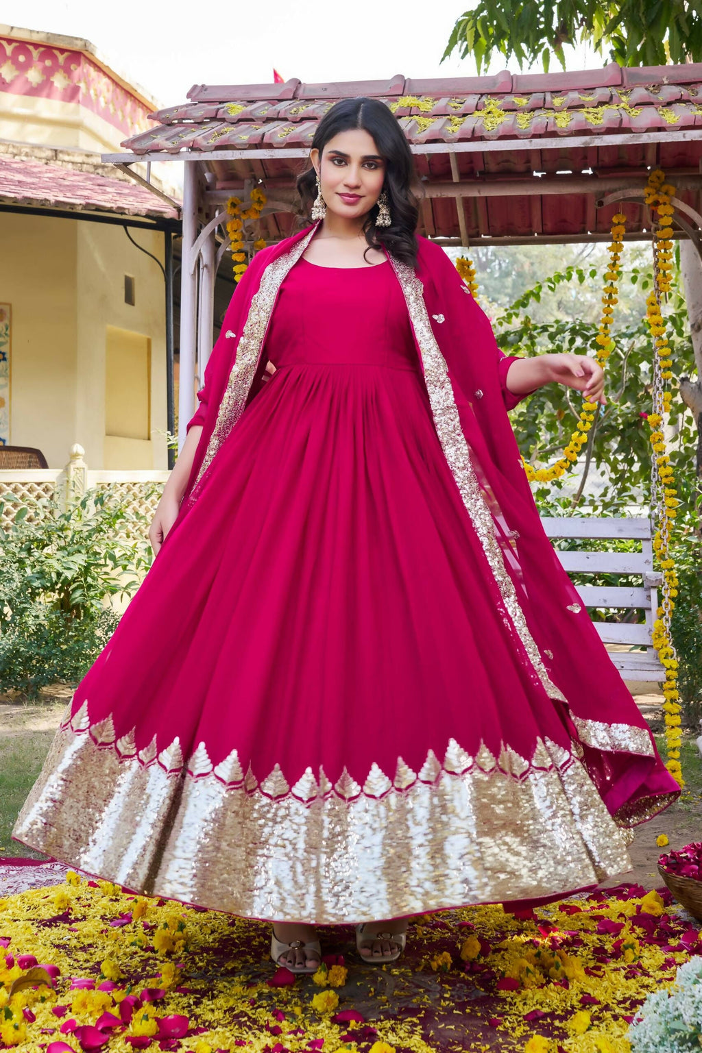 Teeya Creation Womens New Stylish Heavy Sequence Embroidery Work Pink Gown Set