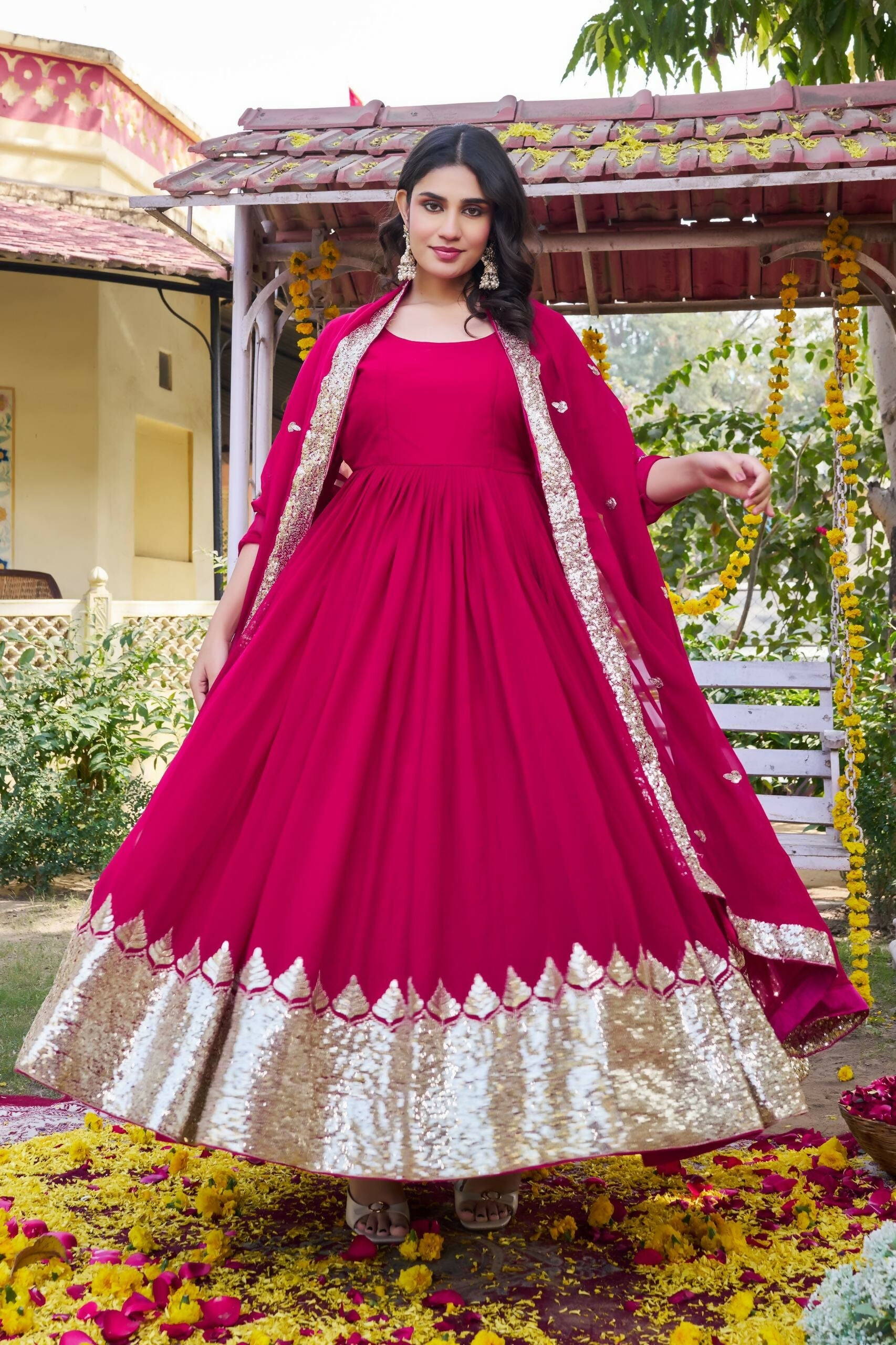Teeya Creation Womens New Stylish Heavy Sequence Embroidery Work Pink Gown Set