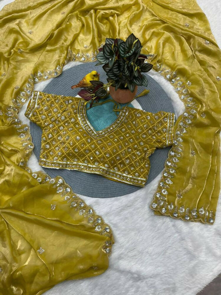 Joban Fashion Yellow Fandy Satin Silk Party Wear Sarees