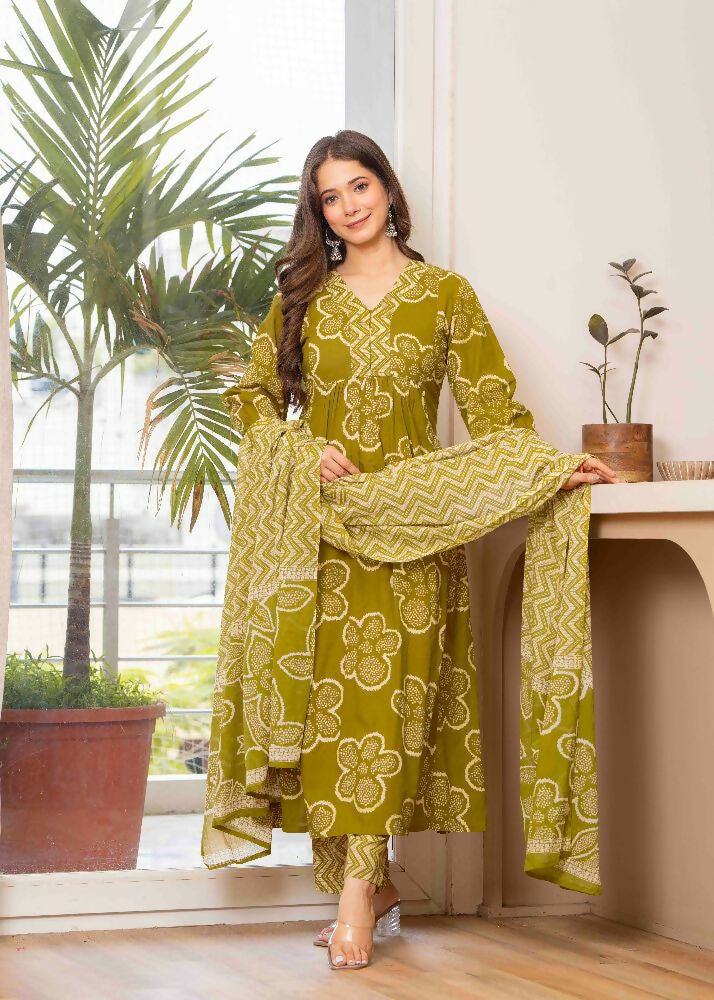 Jaimini Women Cotton Printed V-Neck 3/4 Sleeves Calf Length Flared Kurta Pant And Dupatta Set