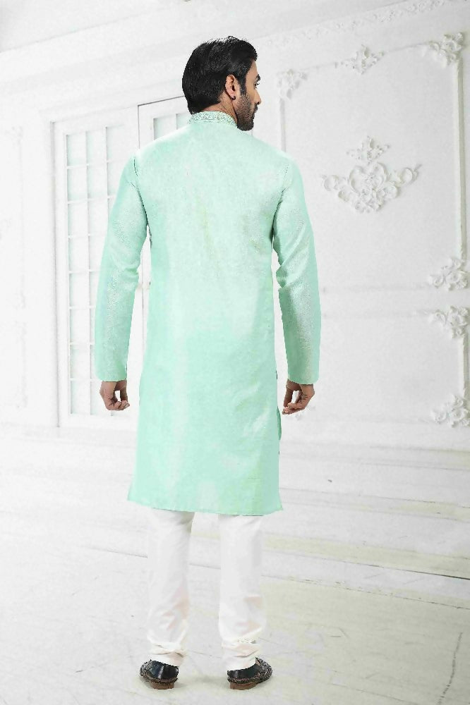 Raivat Ethnic Linen Cotton Thread Work Kurta Pajama In Pista Green Colour