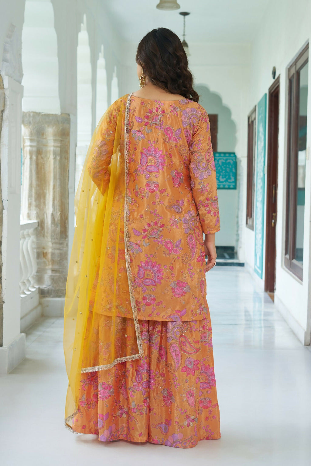 Joban Fashion Yellow Kurta Set Chinnon Embroidery Sequence Work