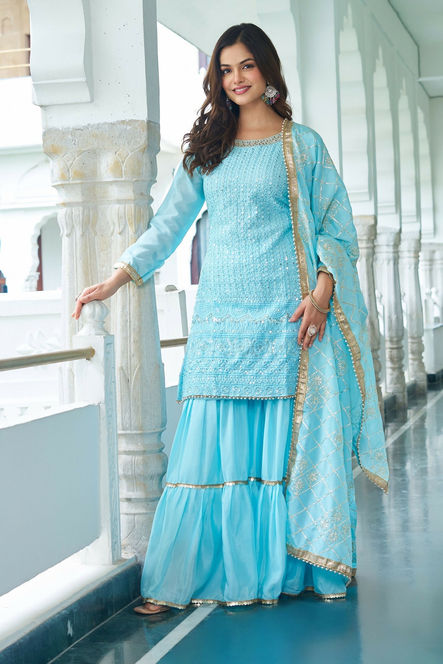 Joban Fashion Sky Blue Kurta Set Chinon Silk Embroidery Sequence Work