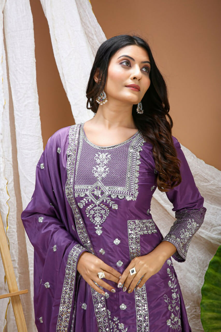 Teeya Creation Lavender Color Natural Crepe Silk Wedding Wear Trending Salwar Suit