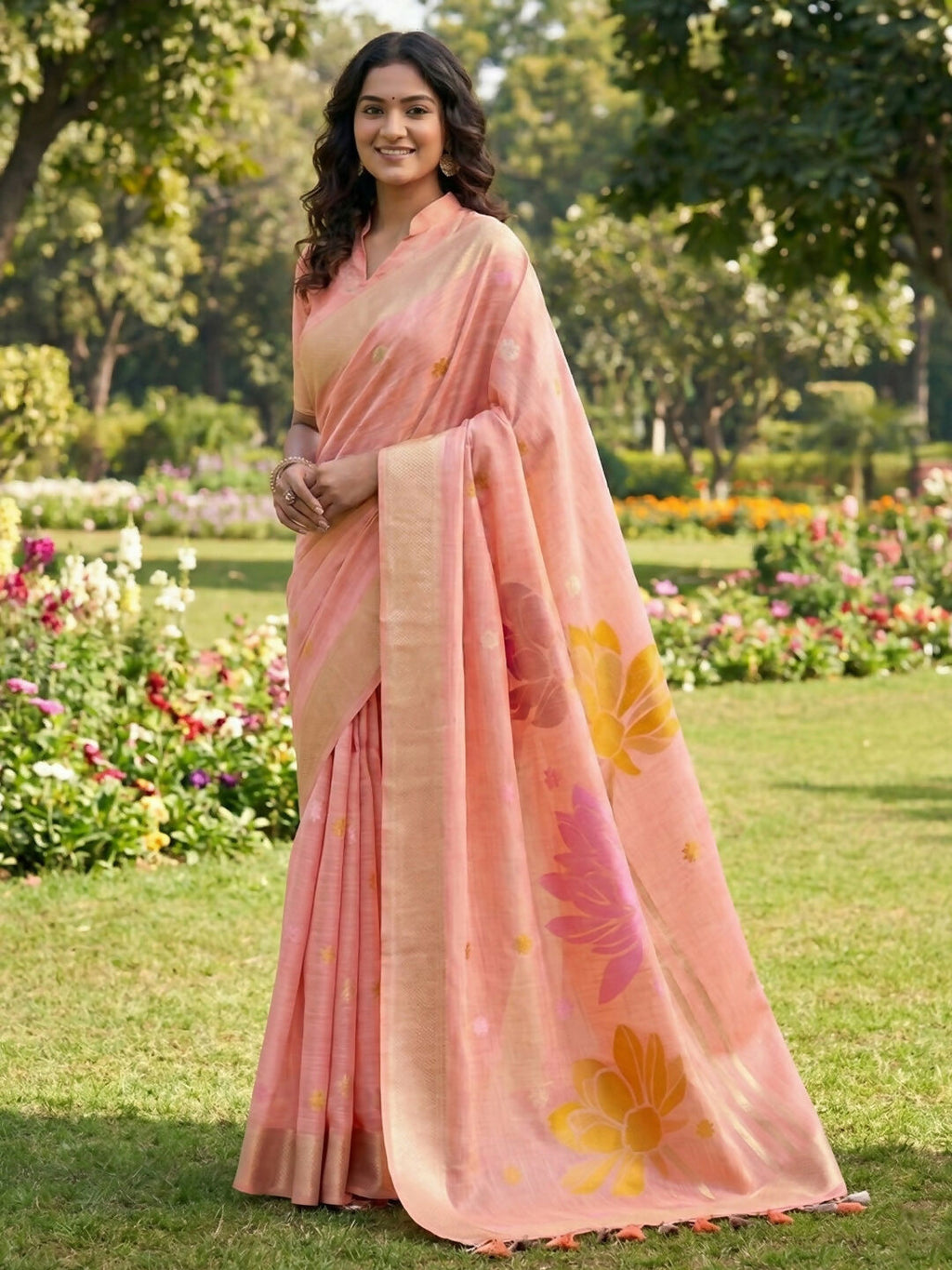 Shree Shyam Fashion Peach Linen Cotton Saree