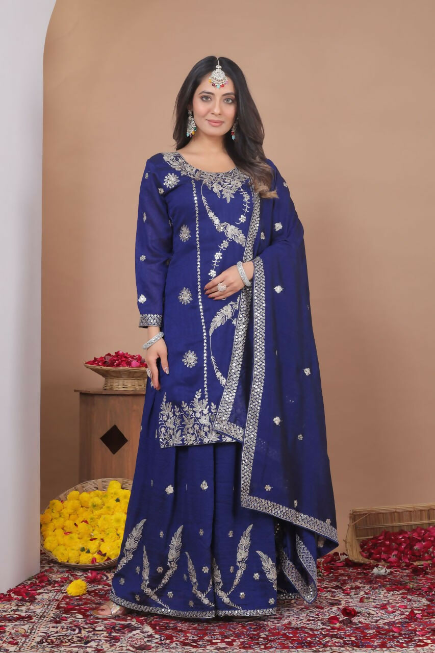 Teeya Creation Blue Color Vichitra Silk Embroidery Work Wedding Wear Palazzo Set
