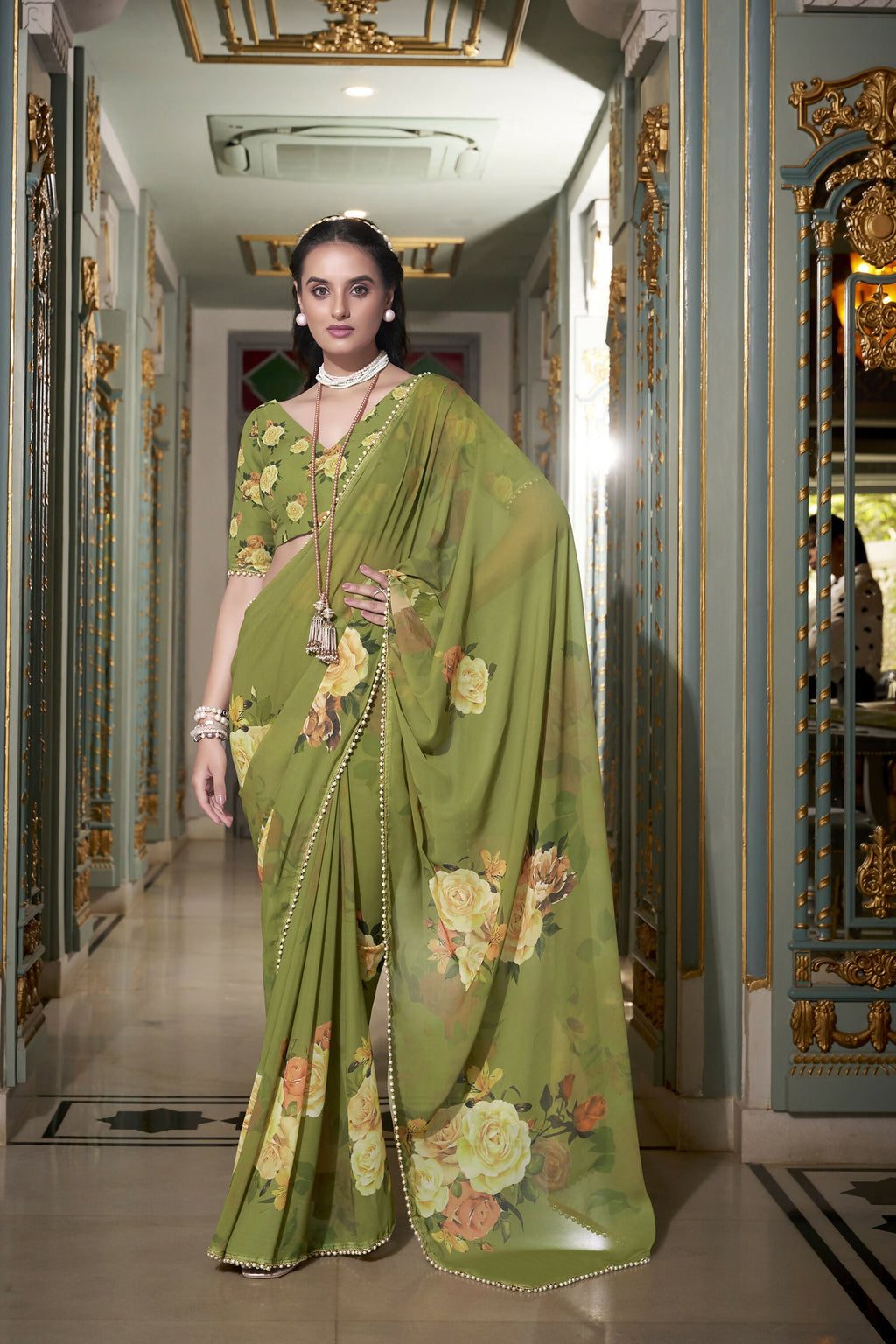 Vastranavya Mehendi Spectacular Georgette Printed with Pearl Lace Saree with Unstitched Blouse