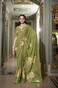 Vastranavya Mehendi Spectacular Georgette Printed with Pearl Lace Saree with Unstitched Blouse