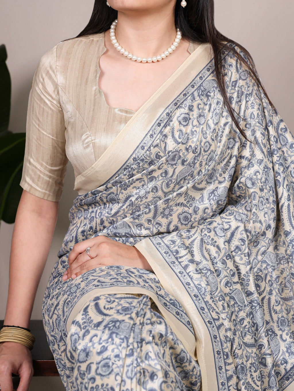 Vastranavya Blue Tussar Silk Printed Saree with Unstitched Blouse