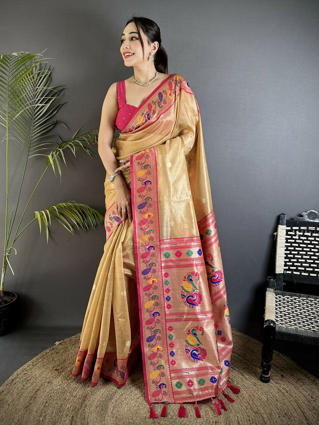 Joban Fashion Beige Zari Weaving Tissue Paithani Saree