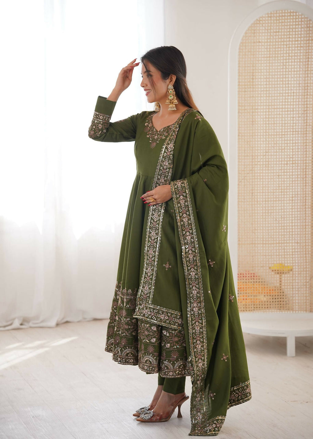 Teeya Creation Green Roman Silk Embroidery Work Party Wear Long Gown