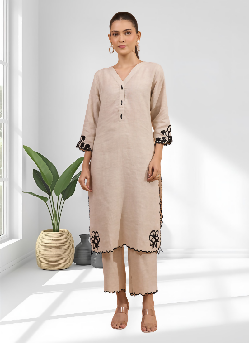 Joban Fashion Beige Linen Embroidered Readymade Long Kurta With Pant
