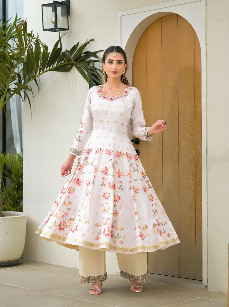 Functional Designer Off white Jam Silk Anarkali suit with Dupatta-Anbazaar