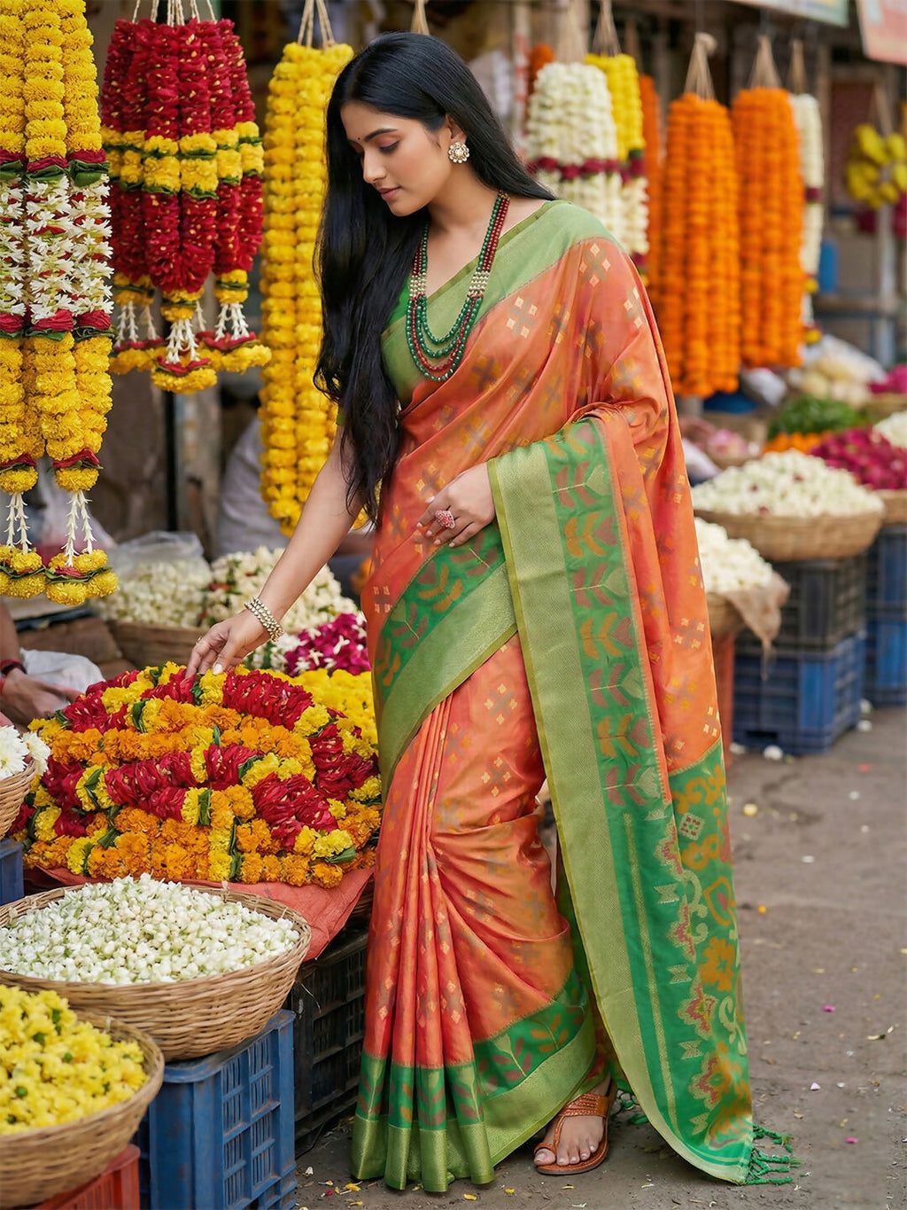 Shree Shyam Fashion Orange Pochampally Silk Saree