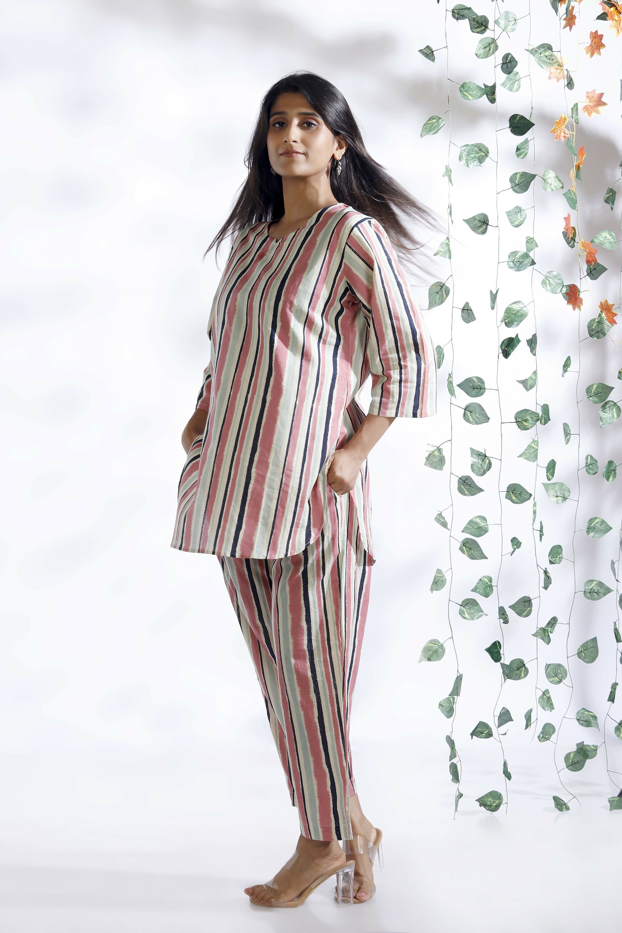 Breathables Women’S Pink Cotton Stripes Loungewear Co-Ord Set