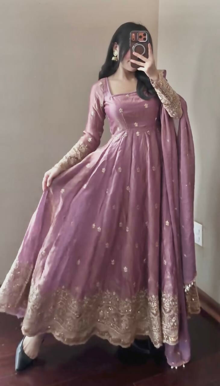Teeya Creation Onion Fendy Silk Designer Heavy Work Wedding Wear Long Gown