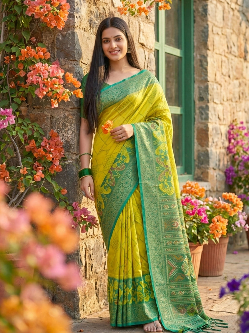 Anaita Olive Pochampally Printed Saree With Blouse