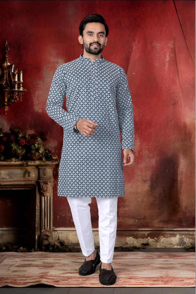 Neera Trendz Blue Cotton Thread Embroidery Men's Kurta Pajama
