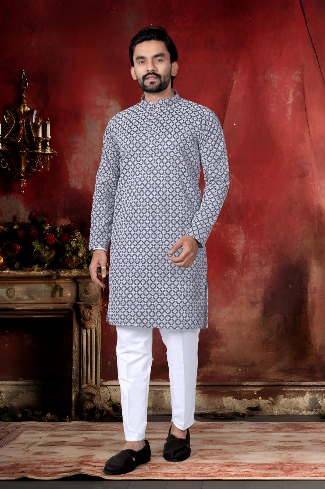 Neera Trendz Grey Cotton Thread Embroidery Men's Kurta Pajama