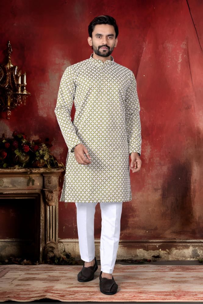 Neera Trendz Olive Cotton Thread Embroidery Men's Kurta Pajama