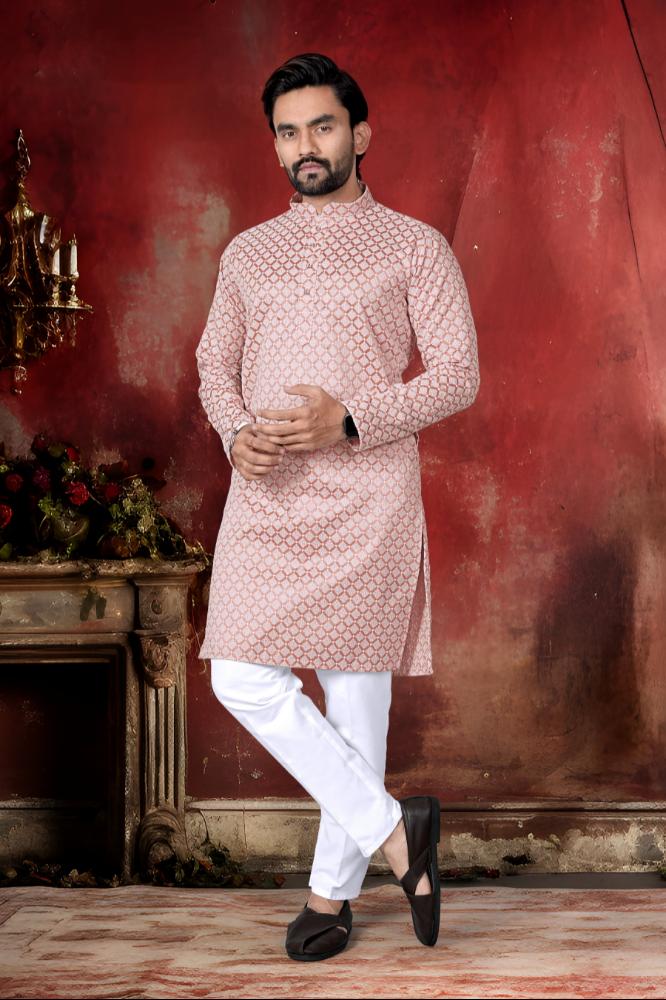 Neera Trendz Peach Cotton Thread Embroidery Men's Kurta Pajama