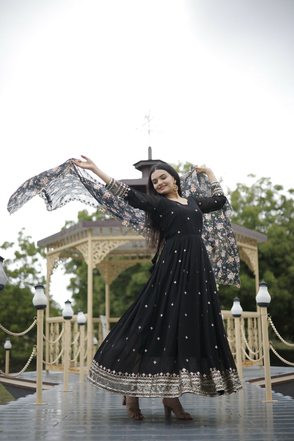 Aayaa Designer Embroidery Zari Sequins-Work Faux Blooming Georgette Suit - Black