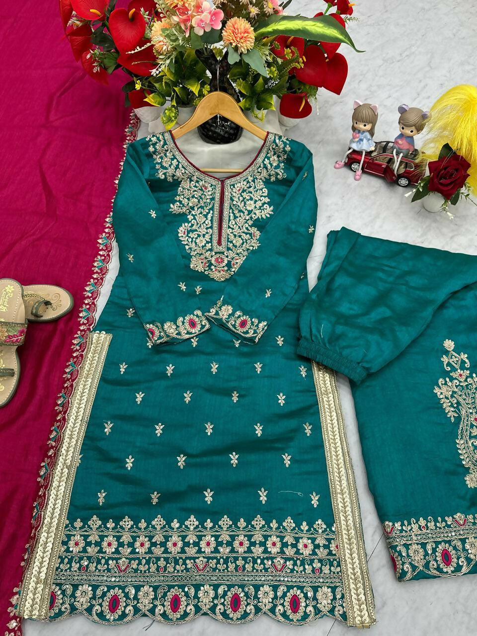 Teeya Creation Womens New Wedding Wear Heavy Embroidery Thread Work Teal Kurta Set