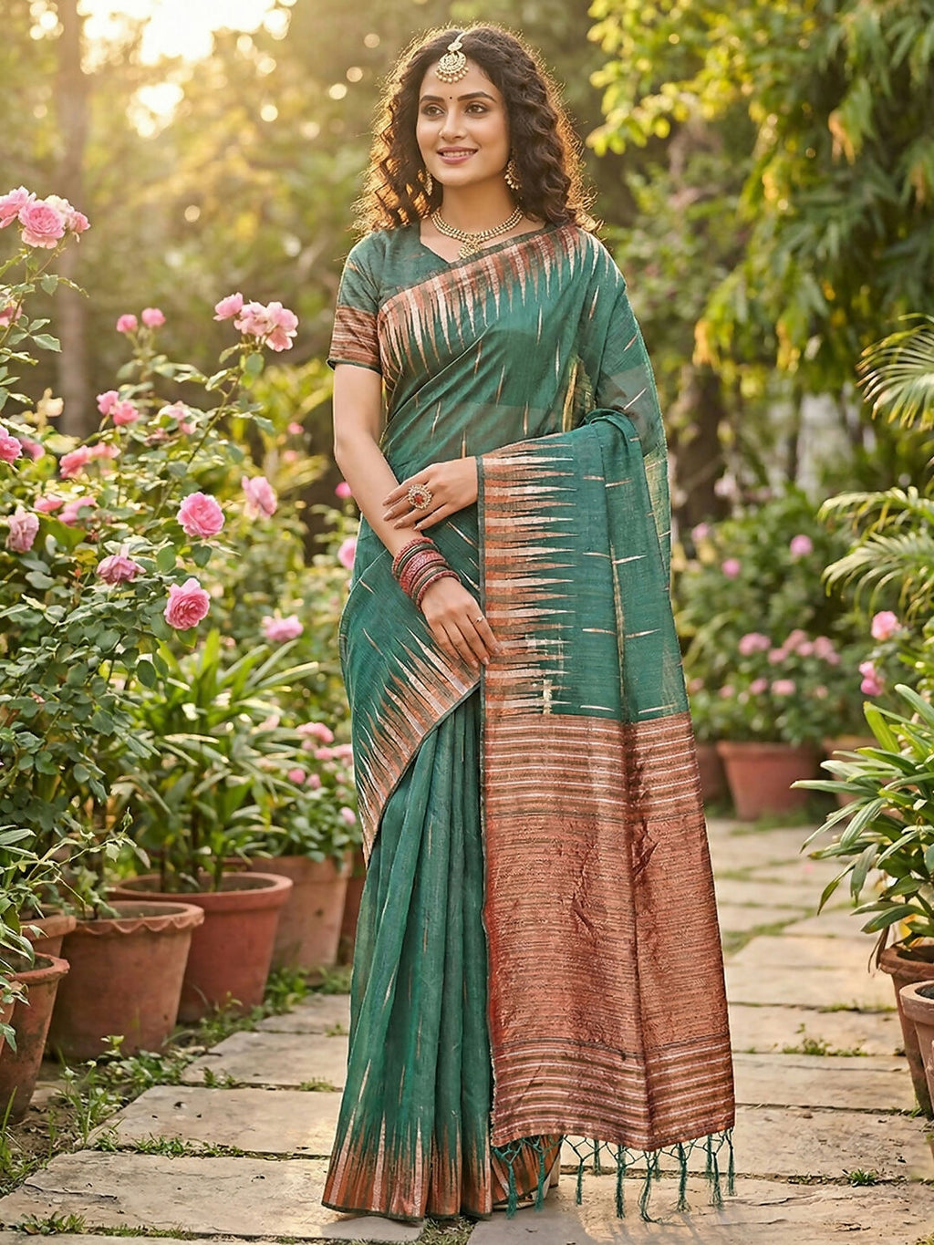Shree Shyam Fashion Green Linen Cotton Saree