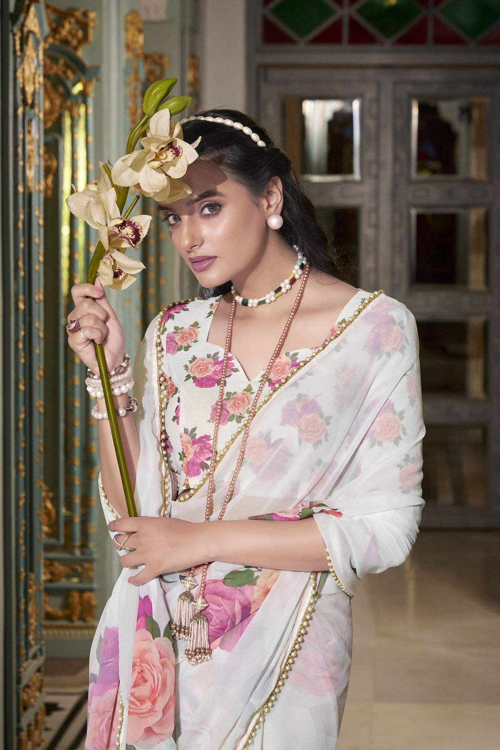 Vastranavya White Spectacular Georgette Printed with Pearl Lace Saree with Unstitched Blouse