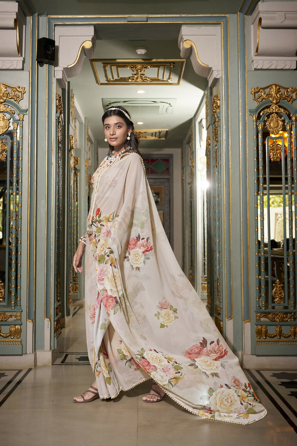 Vastranavya Off White Spectacular Georgette Printed with Pearl Lace Saree with Unstitched Blouse