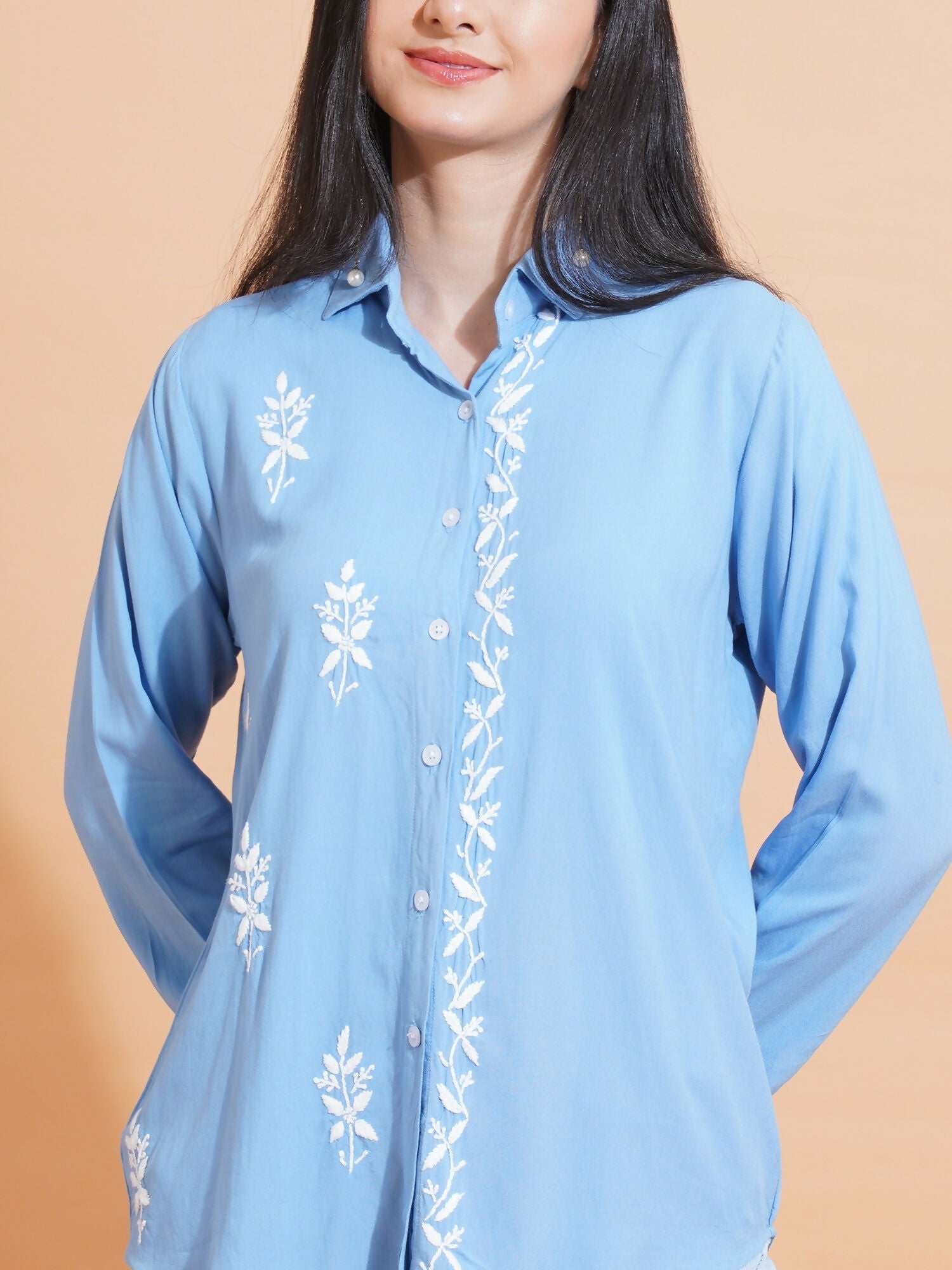 Pahnaz Modal Chikankari Handwork Shirt-Blue