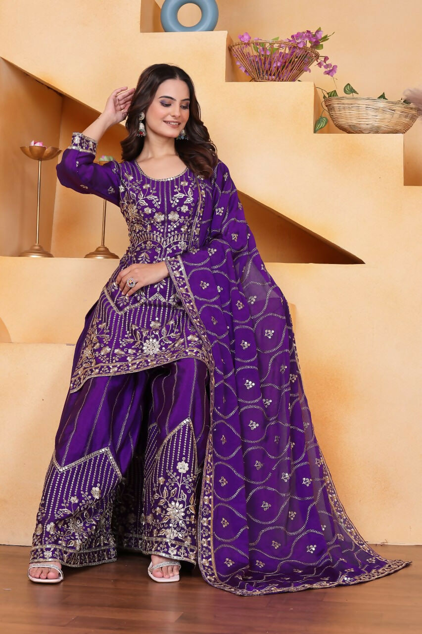 Teeya Creation Purple Color Chinon Silk Embroidery Work Wedding Wear Palazzo Set
